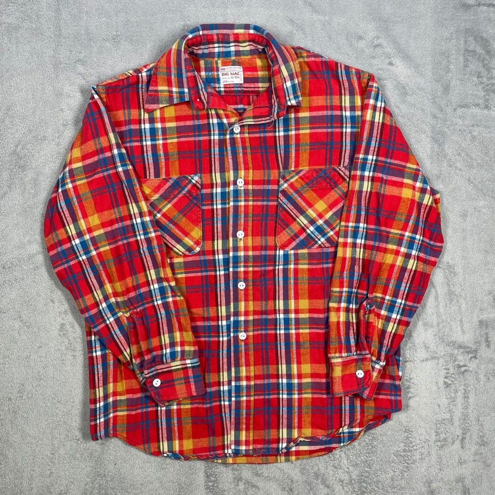 Big Mac Flannel Shirt Mens Medium Red Plaid Vintage JCPenney Button Up 60s/70s